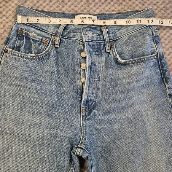 AGOLDE Jeans Riley Crop High Rise Straight Blue Button Fly Raw Hem Denim Size 24 - Picture 4 of 11